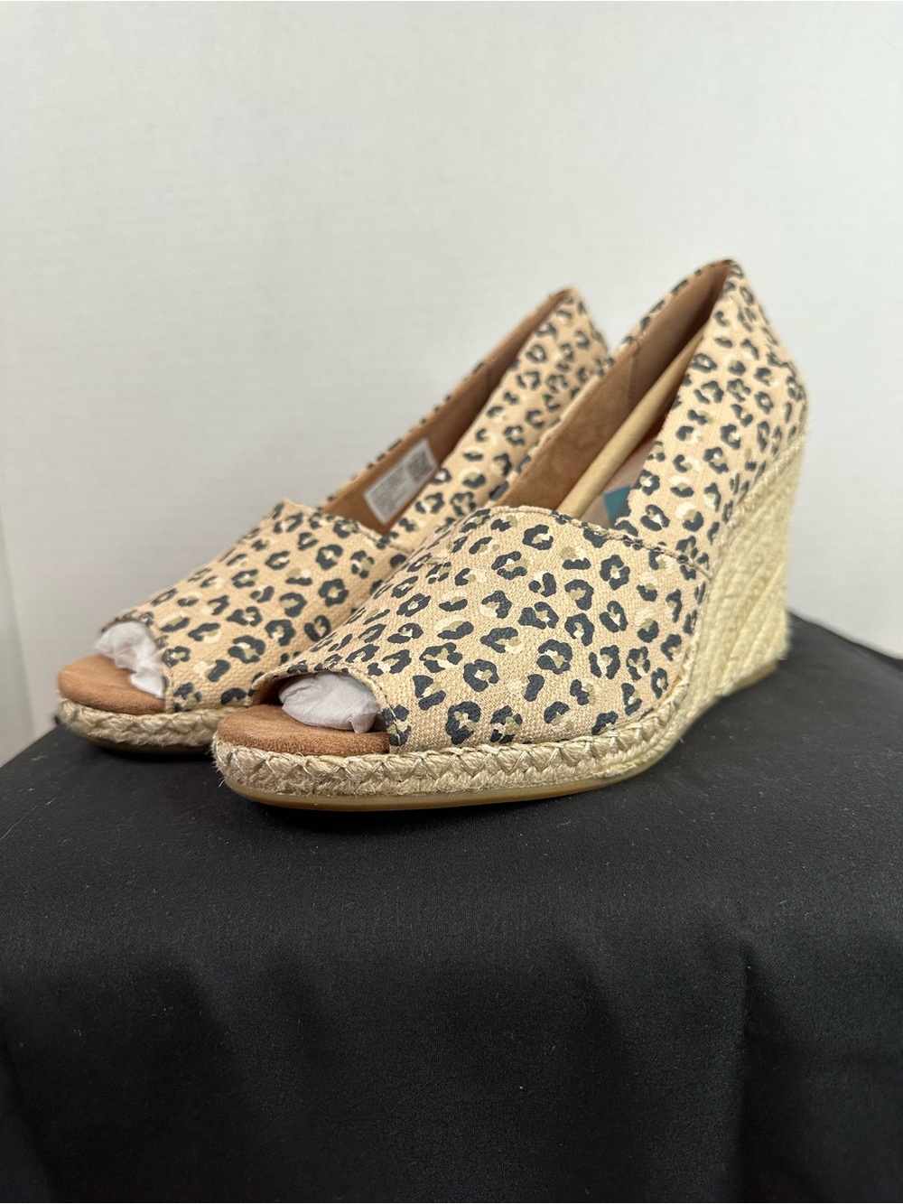 Toms Leopard Espadrille Wedge Peep-Toe Sandals - Beige & Black